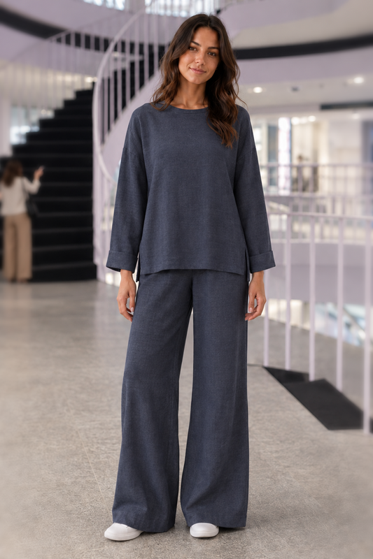 222 Navy Linen-Look Top & Wide-Leg Pants Set