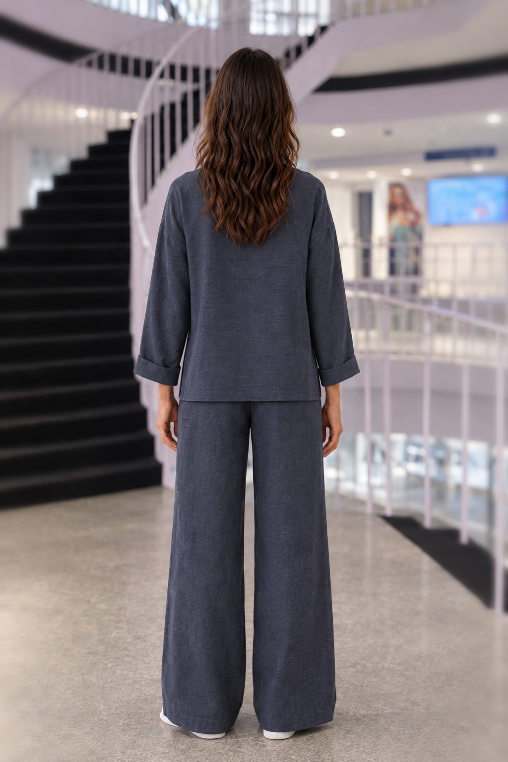 222 Navy Linen-Look Top & Wide-Leg Pants Set — back