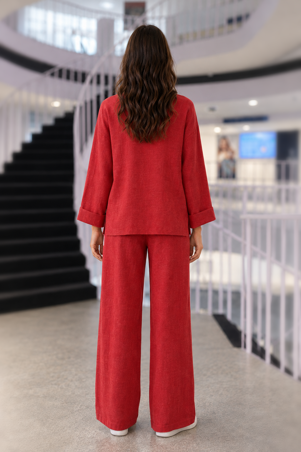 222 Red Linen-Look Top & Wide-Leg Pants Set — back