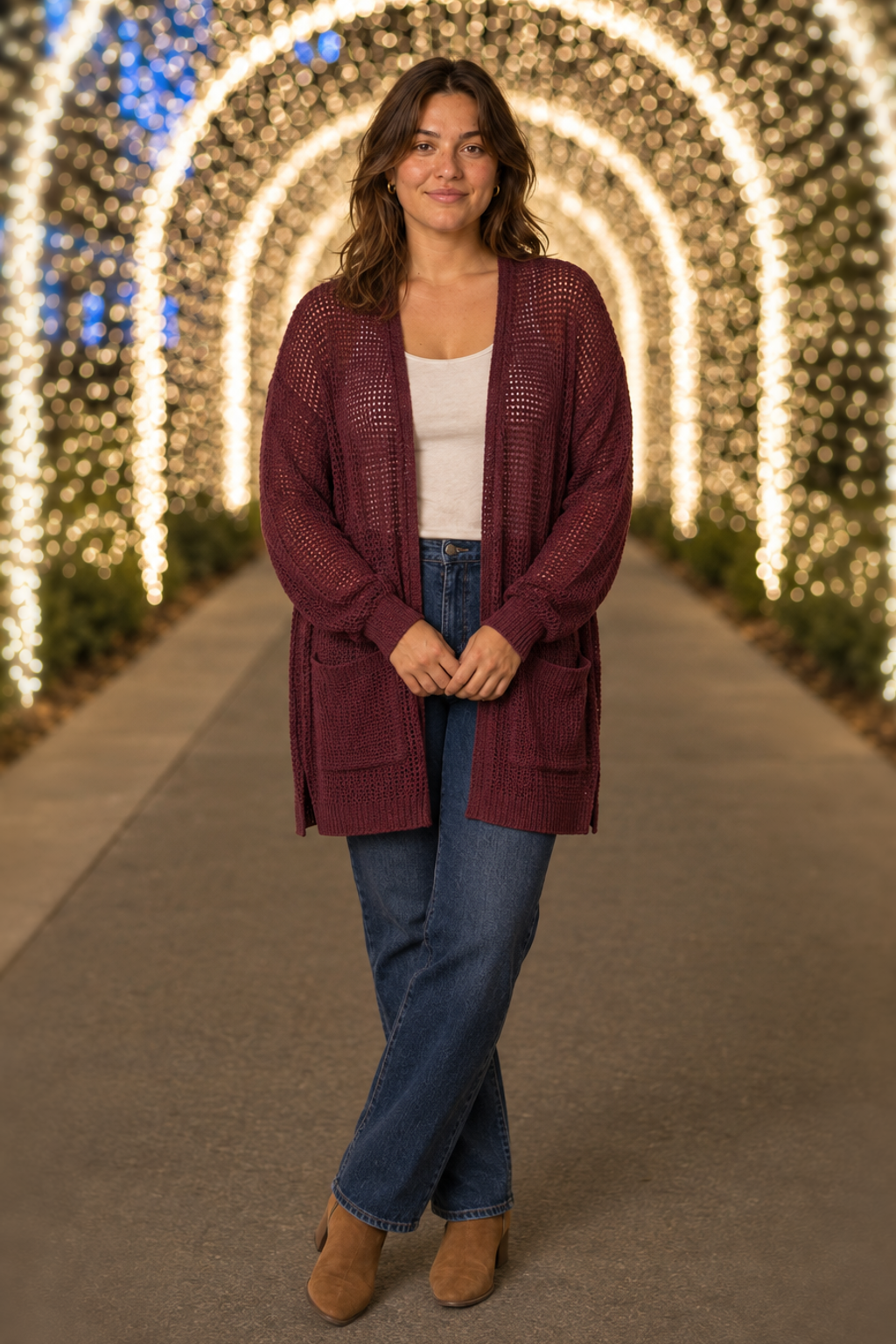 2734 Burgundy Waffle Knit Pocket Cardigan Plus