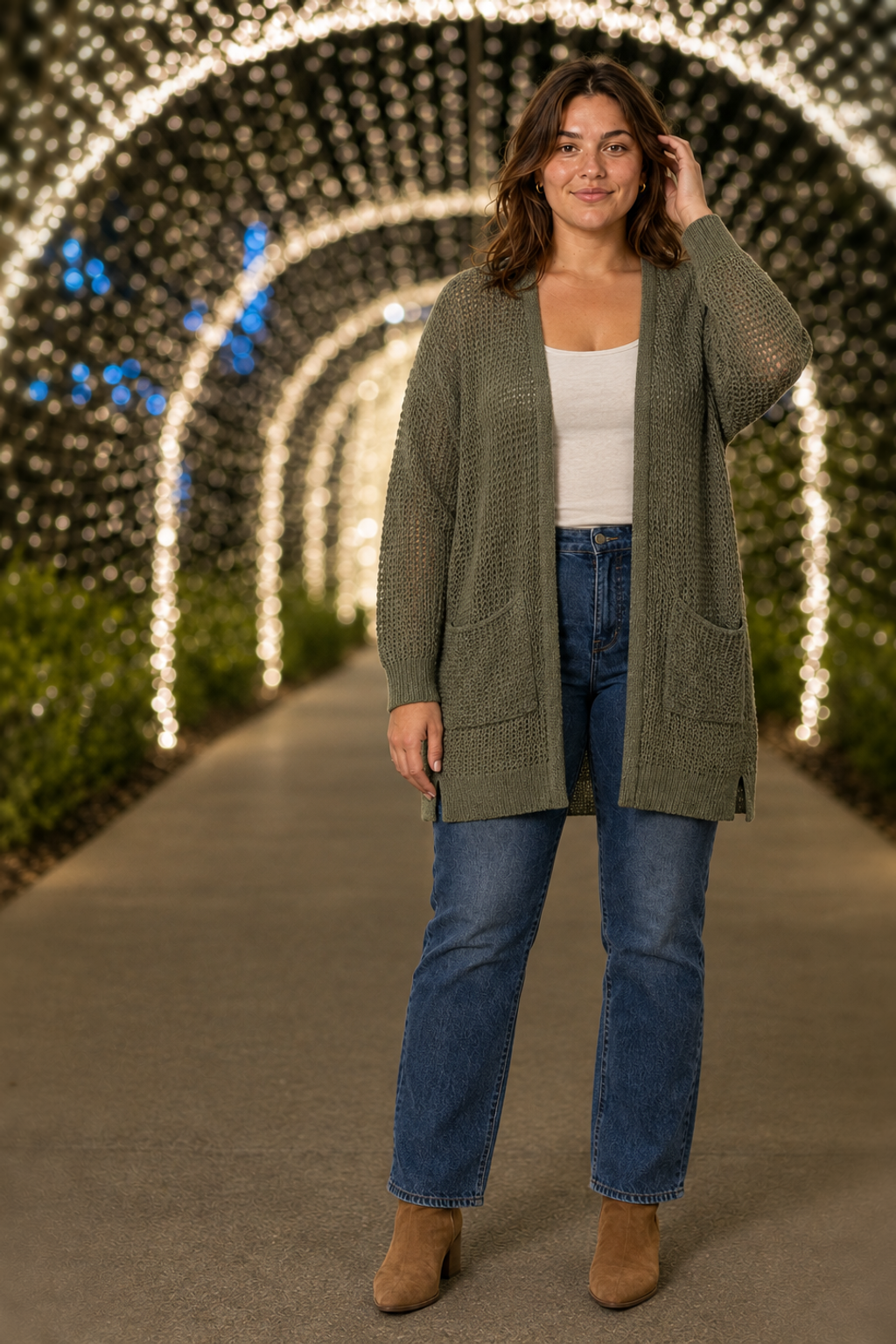 2734 Olive Waffle Knit Pocket Cardigan Plus