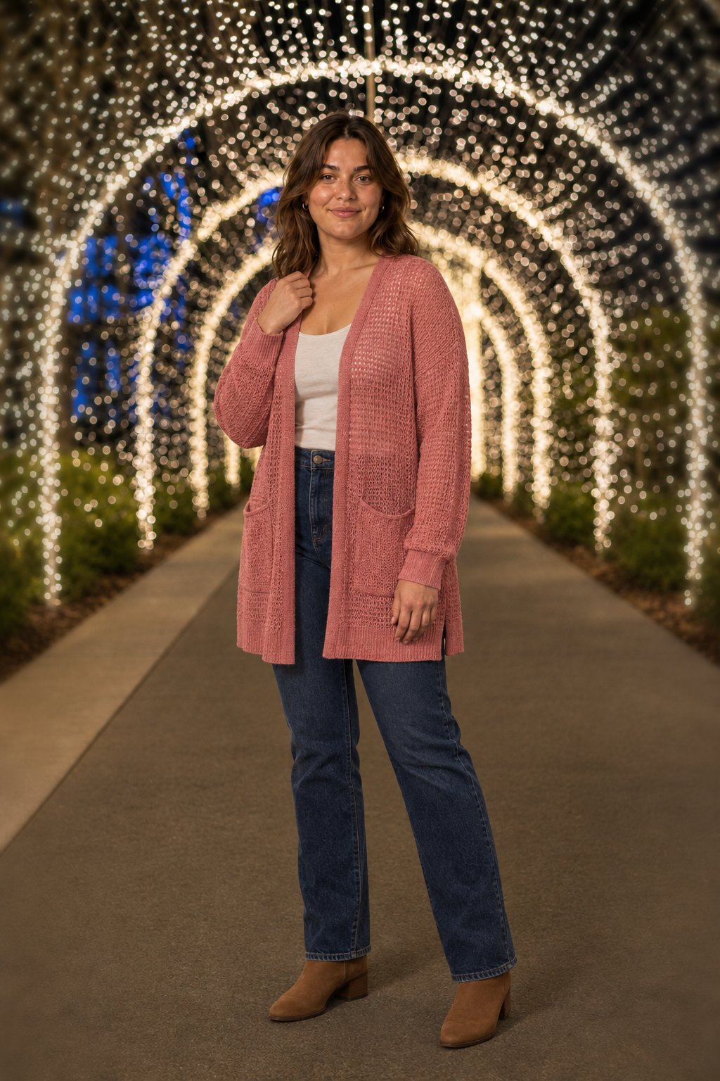 2734 Rose Waffle Knit Pocket Cardigan Plus
