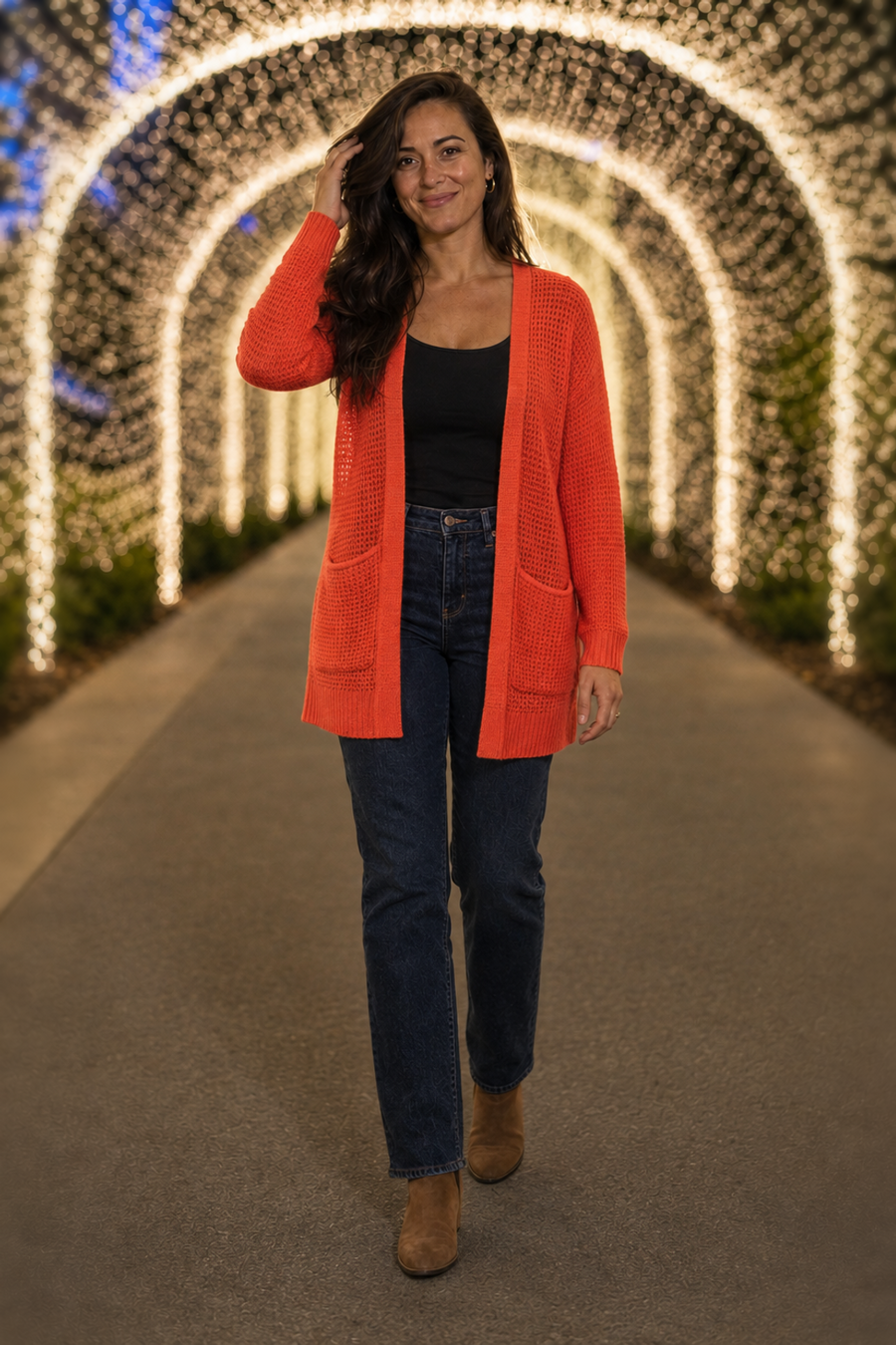 2734 Orange Waffle Knit Pocket Cardigan