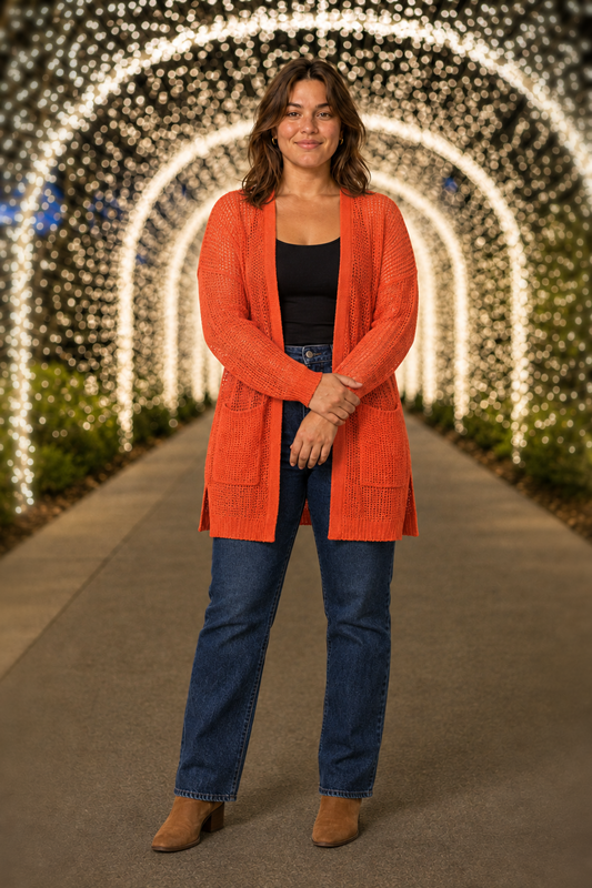 2734 Orange Waffle Knit Pocket Cardigan Plus