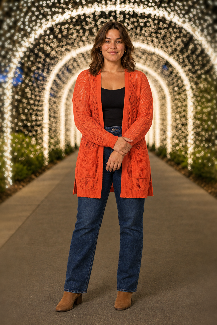 2734 Orange Waffle Knit Pocket Cardigan Plus