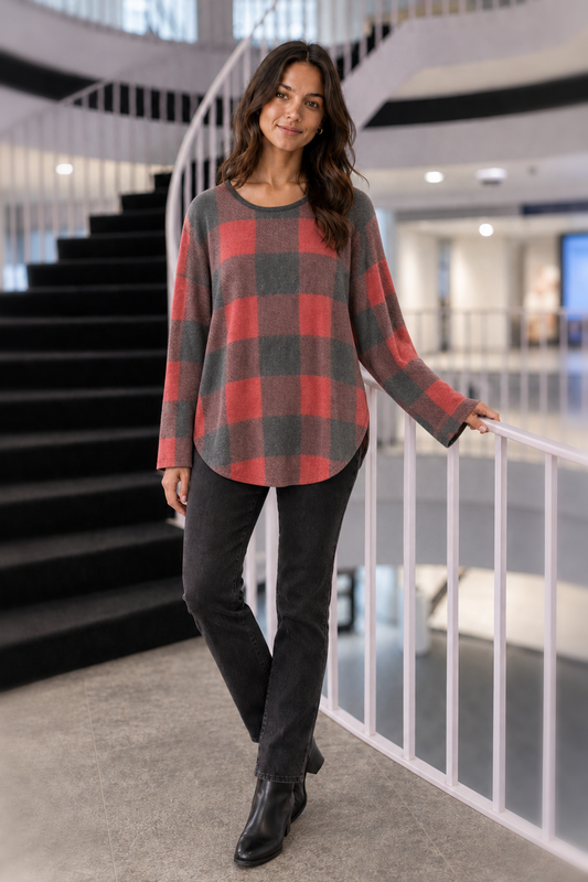 5542 Red Plaid Button Back Hacci Top — front