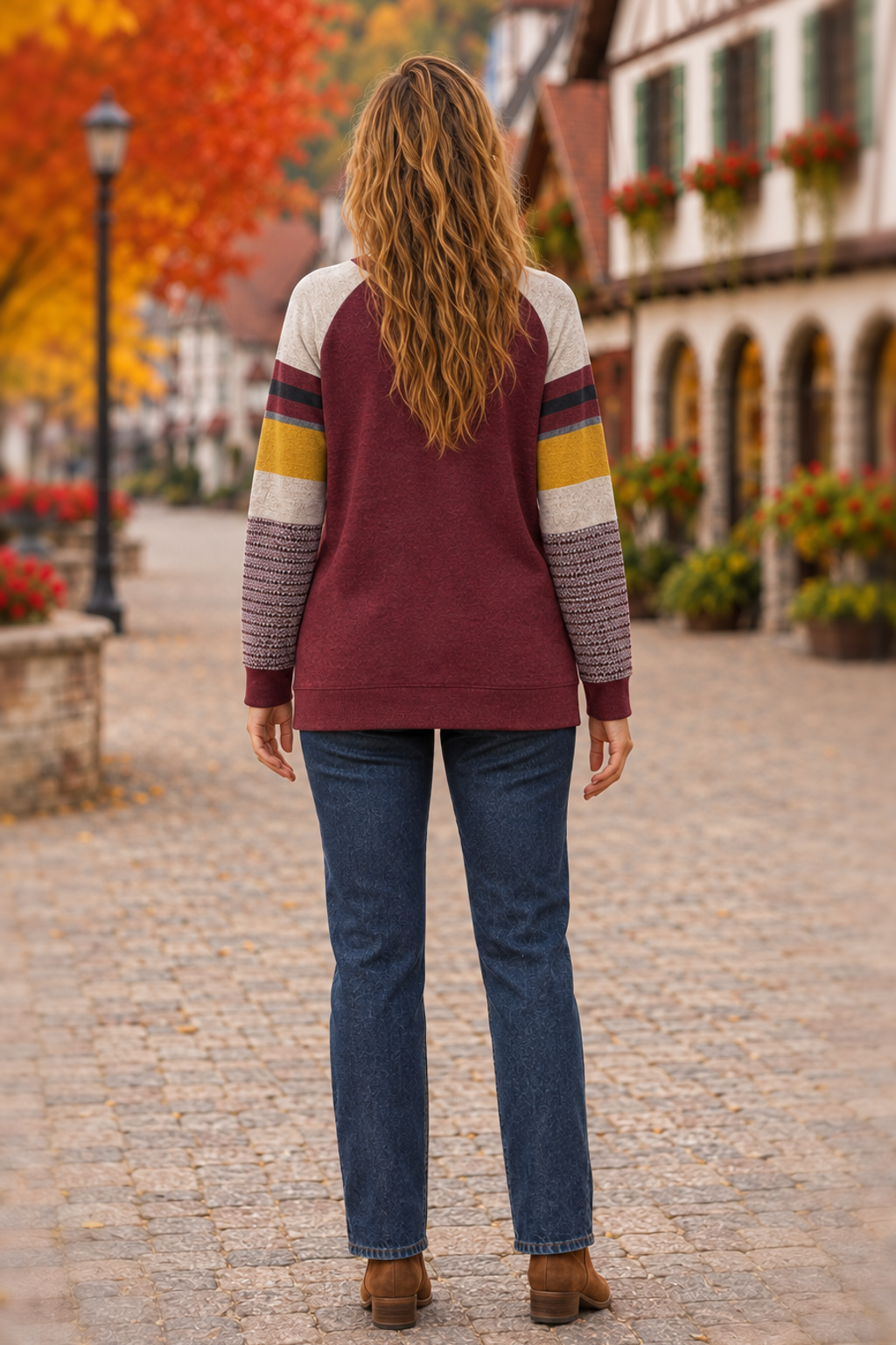 1256 Burgundy Striped Sleeve Brushed Hacci Top — back