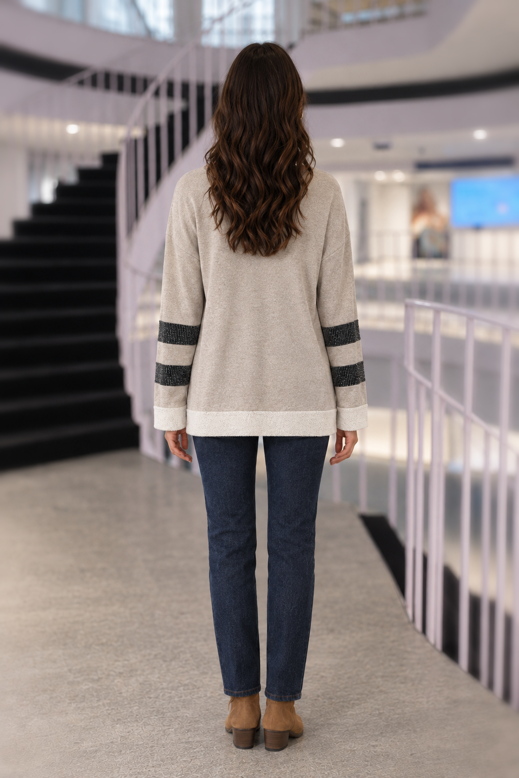 6559 Taupe Metallic Pocket V-Neck Top — back view