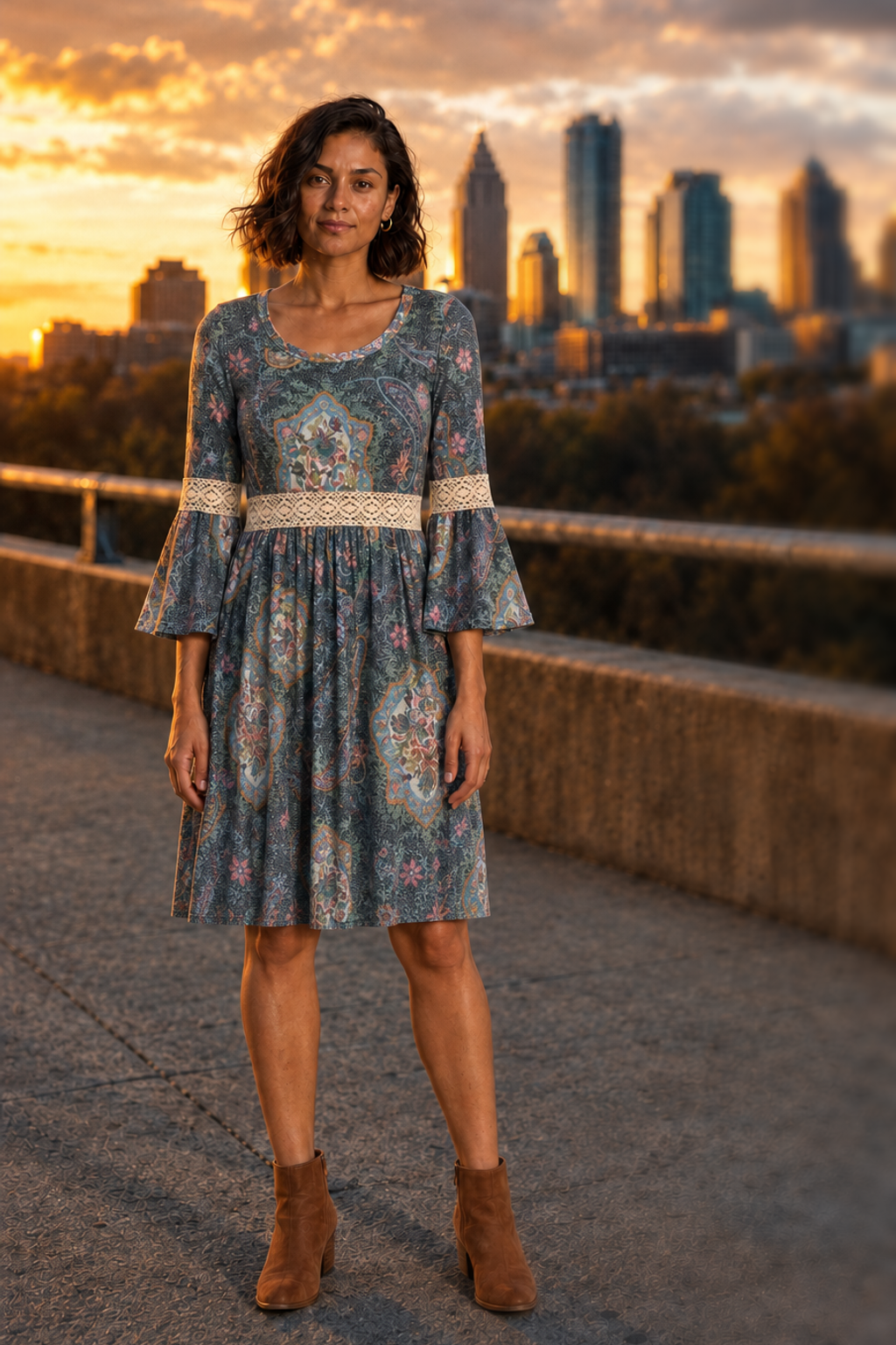 4417 Paisley Lace Waist Bell Sleeve Dress — front