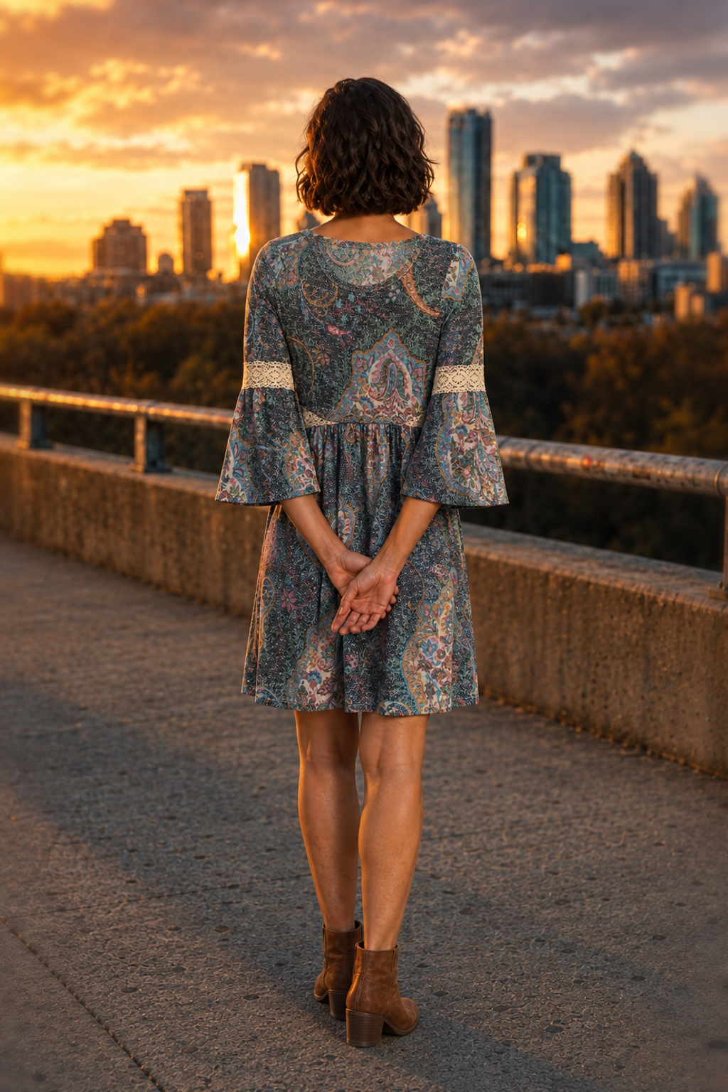 4417 Paisley Lace Waist Bell Sleeve Dress — back
