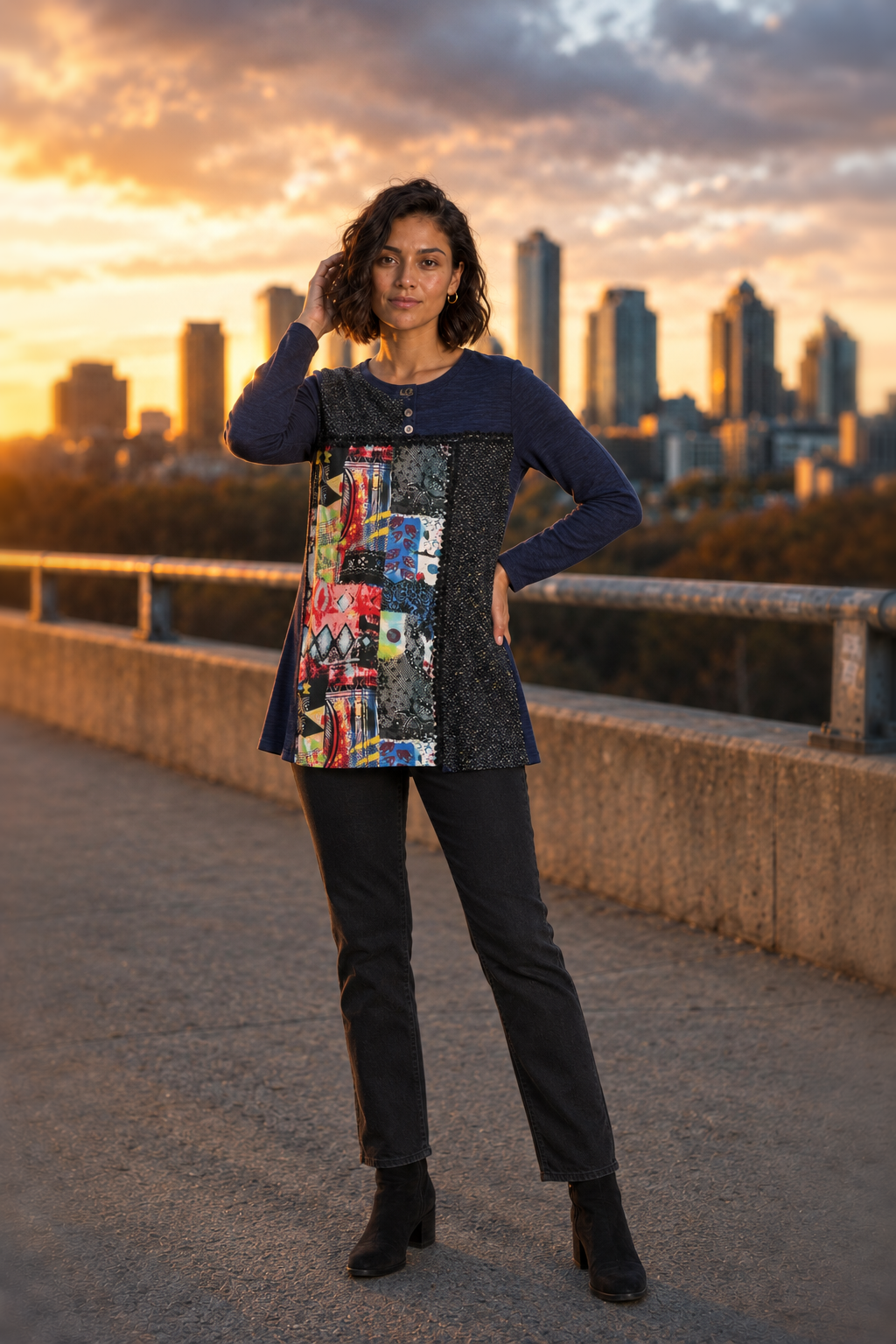 2001 Navy Patchwork Lace Trim Mixed Media Top — front