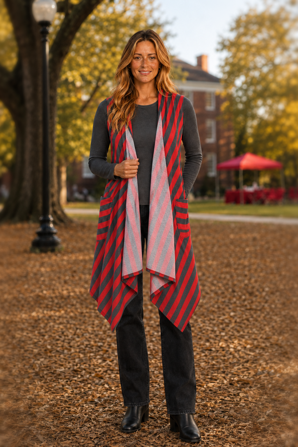 5018 Red Stripe Waterfall Hacci Vest - front