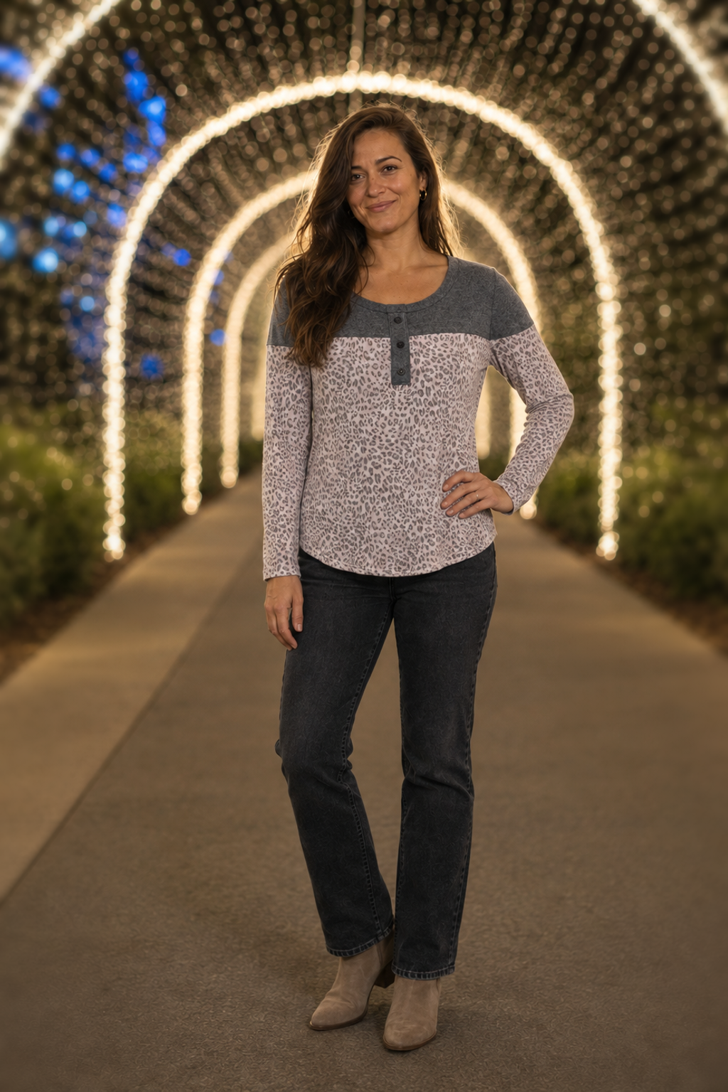 5316 Gray Leopard Colorblock Henley Top - front