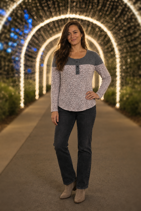 5316 Gray Leopard Colorblock Henley Top - front