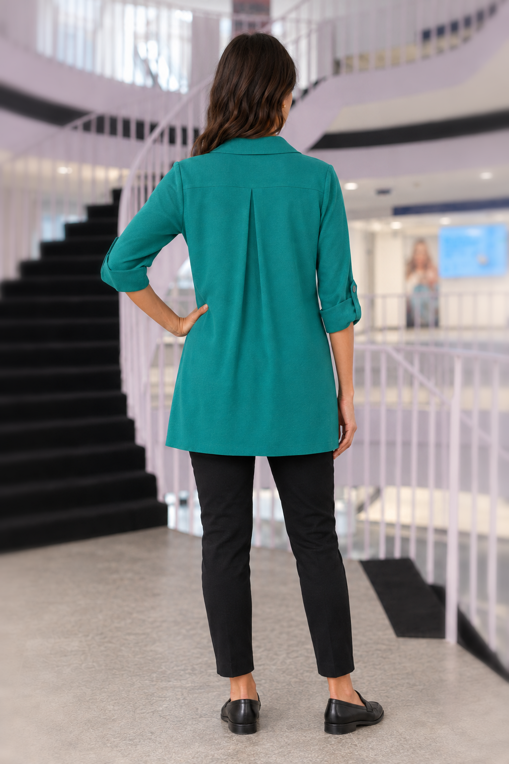 459 Jade Green Contrast Trim Collared Tunic Top — back