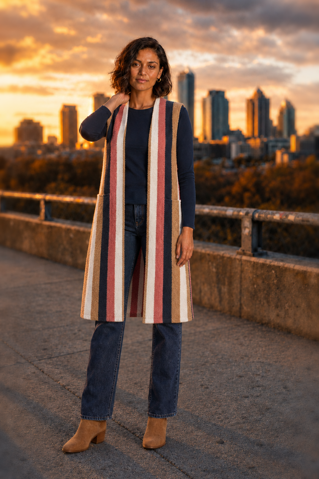 3867 Mocha Multi Stripe Long Pocket Vest - front