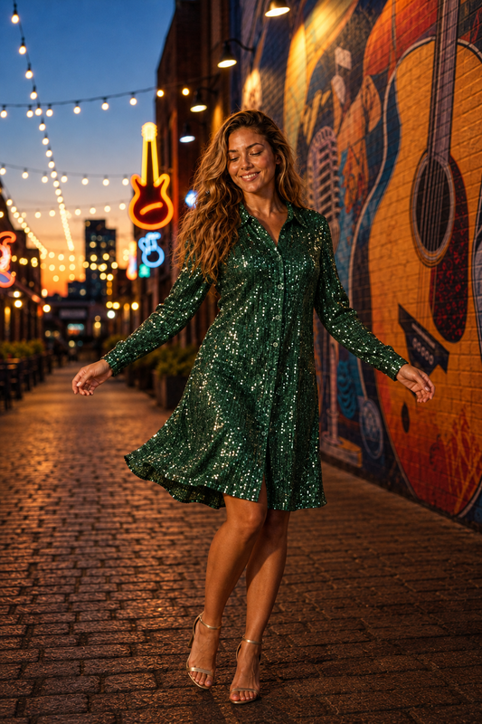 275 Emerald Green Sequin Button-Down Shirt Dress — front