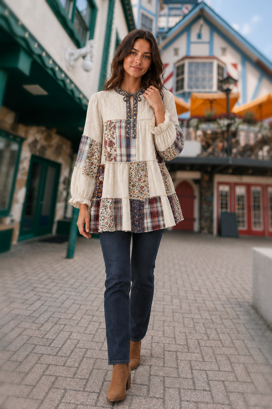 23375 Cream Patchwork Tie Neck Tunic Top — front