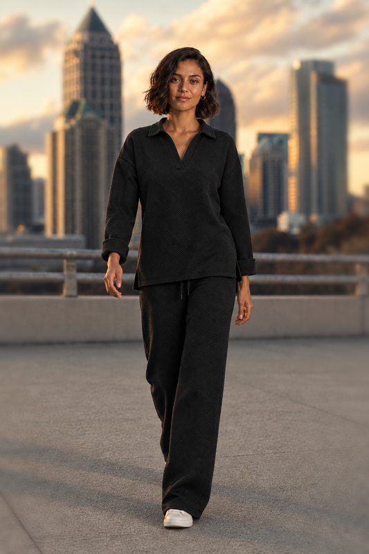 662 Black Textured Collared Top & Wide-Leg Pants Set — front