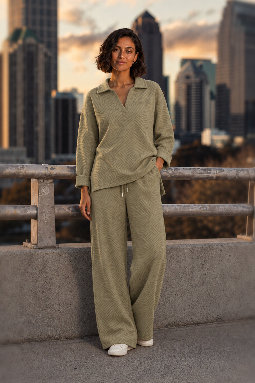 662 Khaki Textured Collared Top & Wide-Leg Pants Set — front
