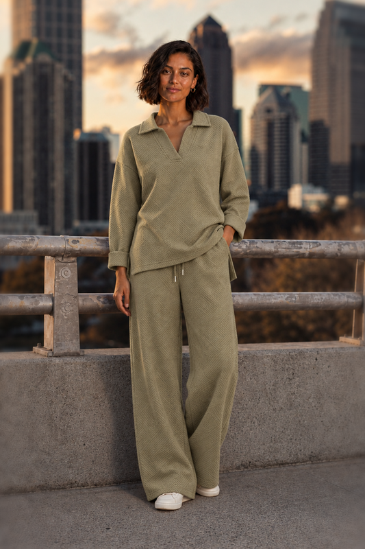 662 Khaki Textured Collared Top & Wide-Leg Pants Set — front