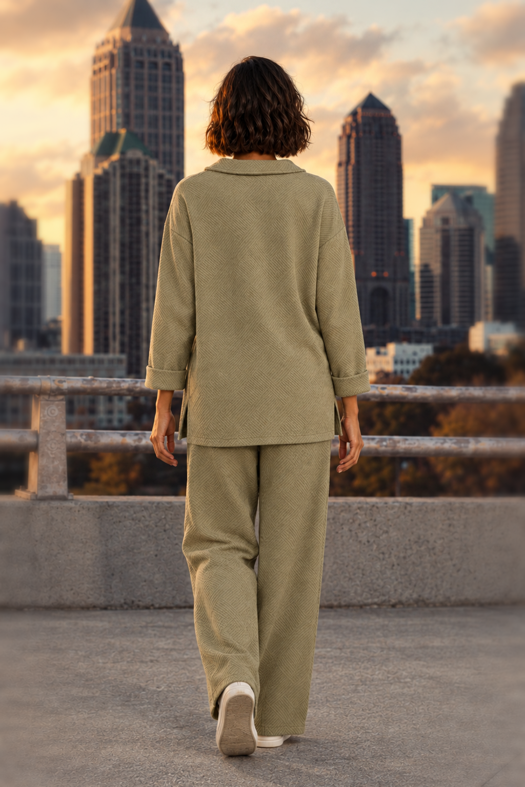 662 Khaki Textured Collared Top & Wide-Leg Pants Set — back