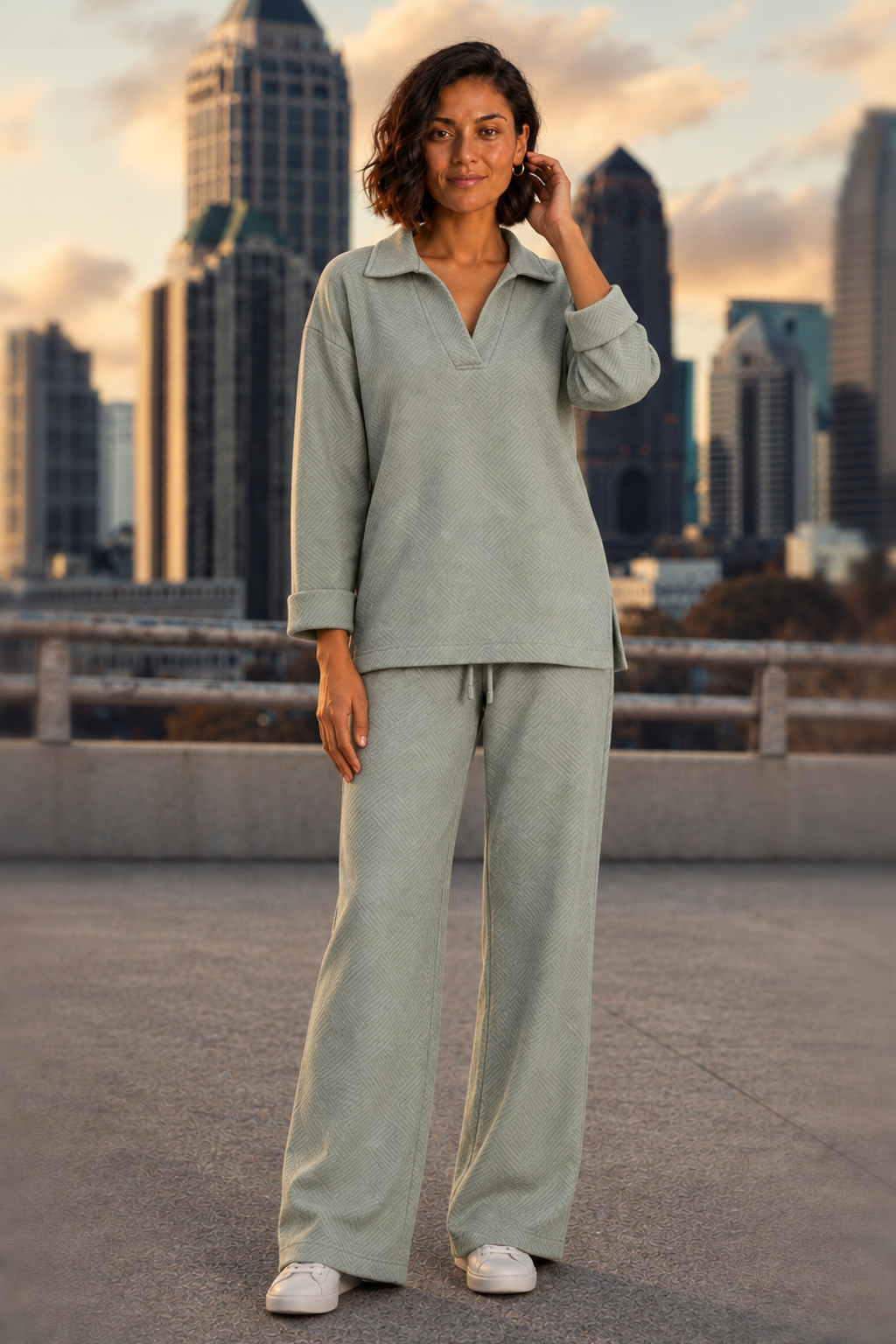 662 Sage Textured Collared Top & Wide-Leg Pants Set — front