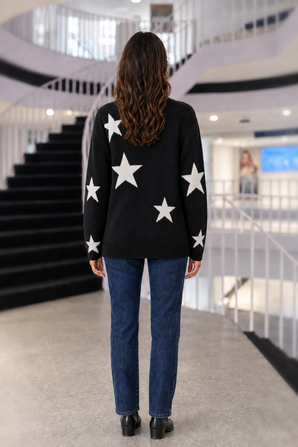 3402 Black Star V-Neck Sweater — back