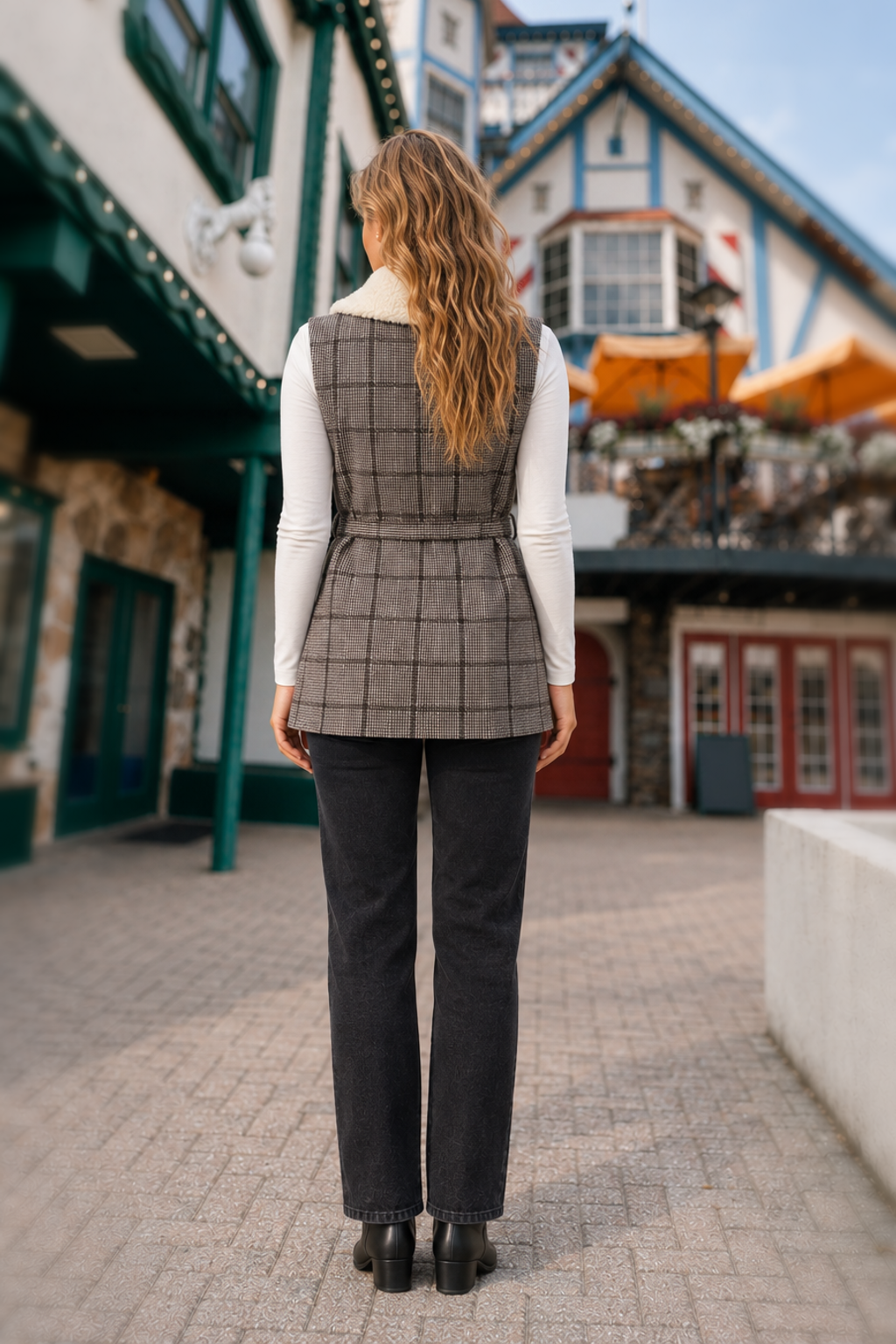 11329 Brown Plaid Sherpa Collar Belted Vest back view