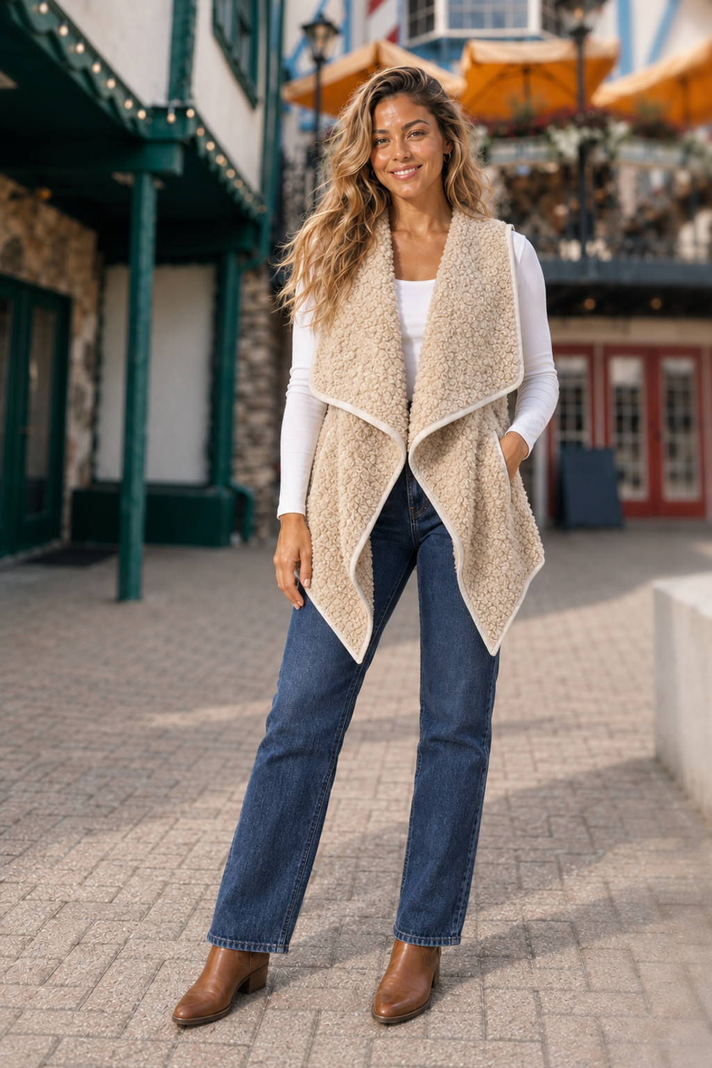 10348 Beige Piped Sherpa Waterfall Vest — front