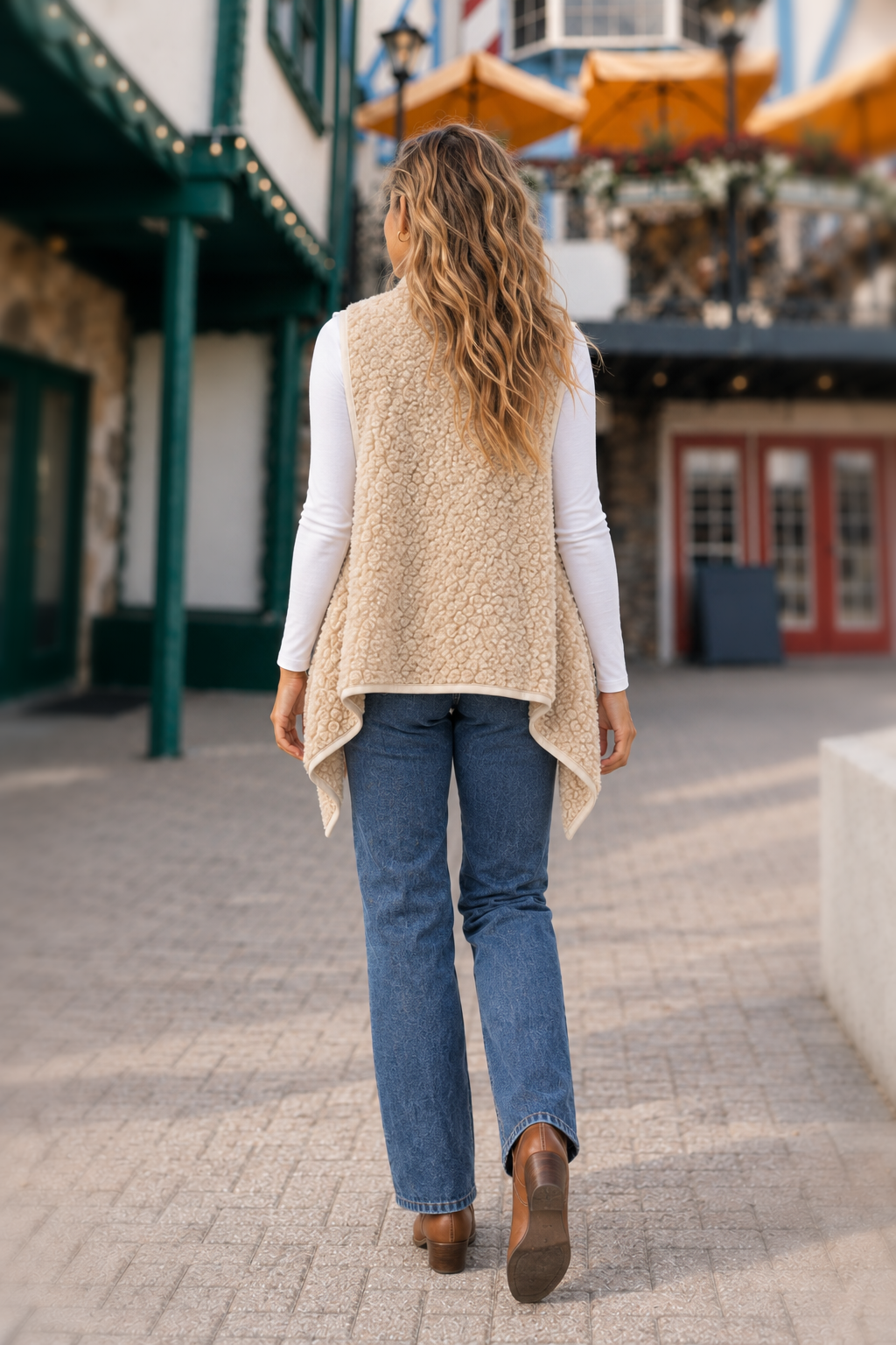 10348 Beige Piped Sherpa Waterfall Vest — back