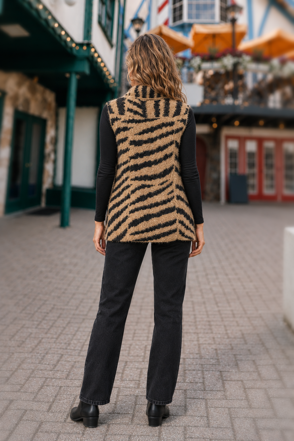 60536 Camel Tiger Stripe Waterfall Sweater Vest
