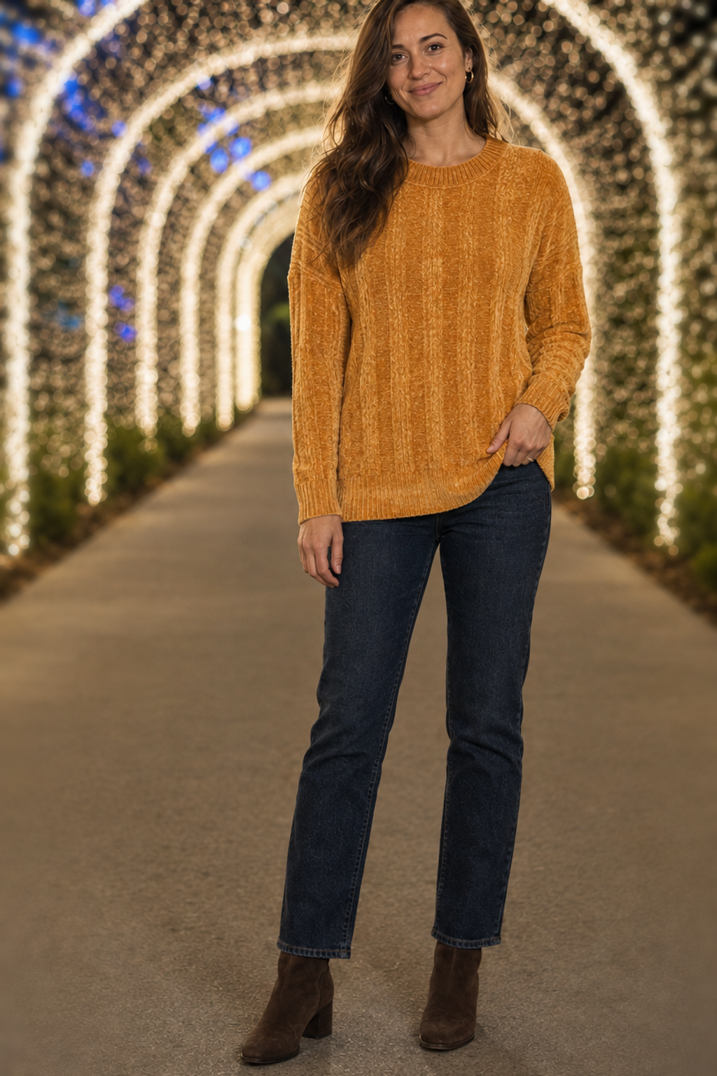 1950 Mustard Gold Chenille Crewneck Sweater - front view