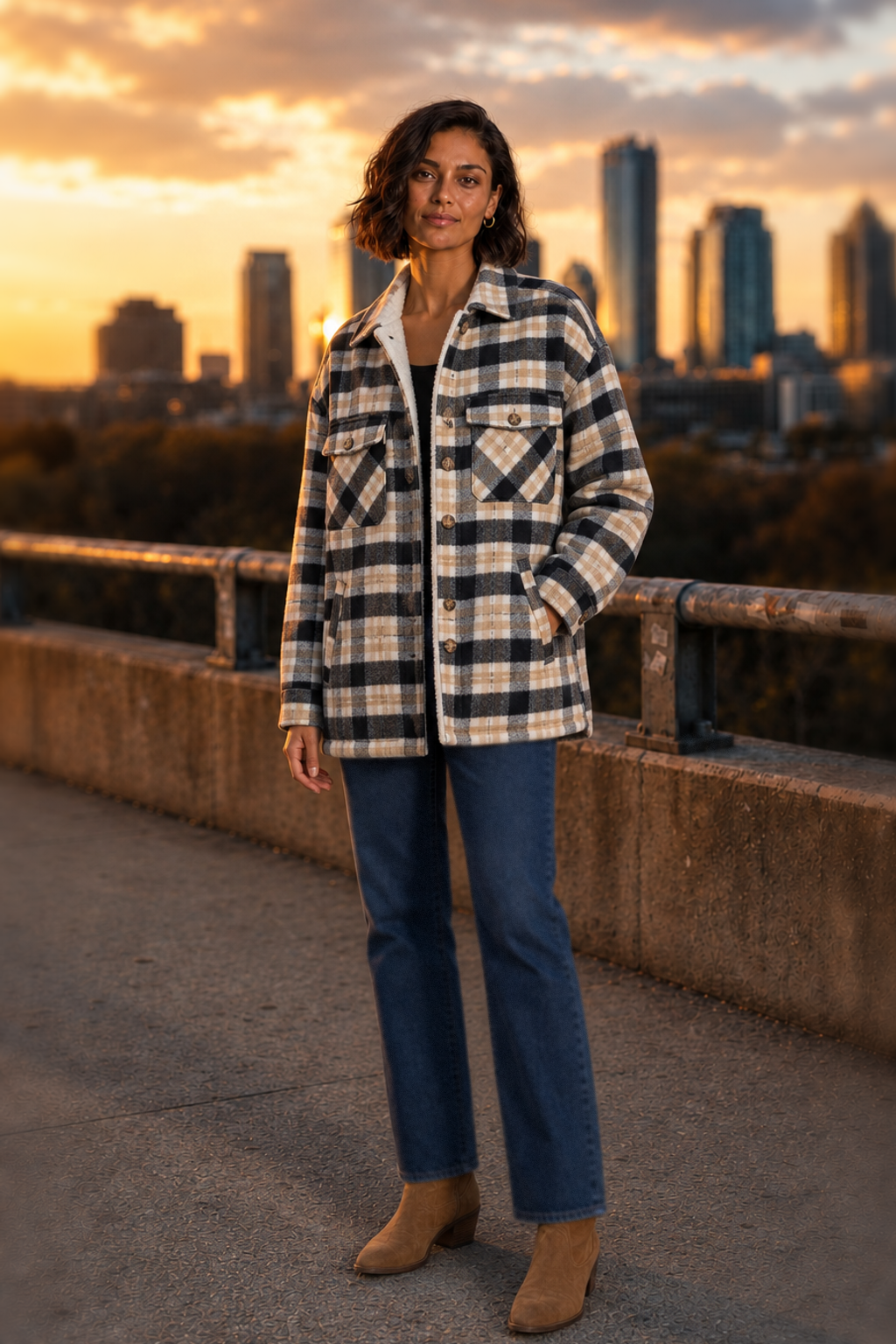 80012 Black & Tan Plaid Sherpa-Lined Shacket - front view