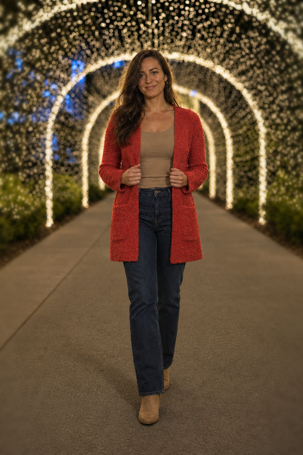 TW-1938AB Rust Popcorn Knit Open Front Cardigan — front
