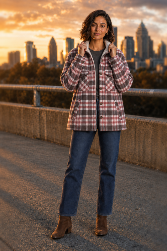 80012 Pink & Brown Plaid Sherpa-Lined Shacket - front view