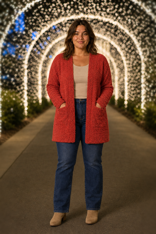 TW-1938AB Rust Popcorn Knit Open Front Cardigan Plus — front