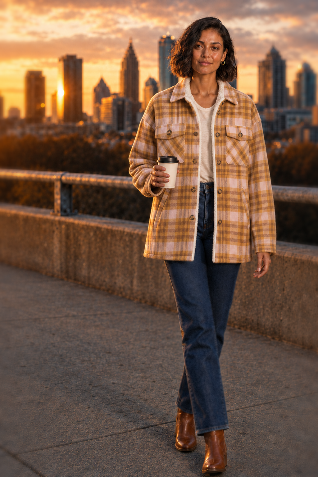 80012 Mustard & Pink Plaid Sherpa-Lined Shacket - front view