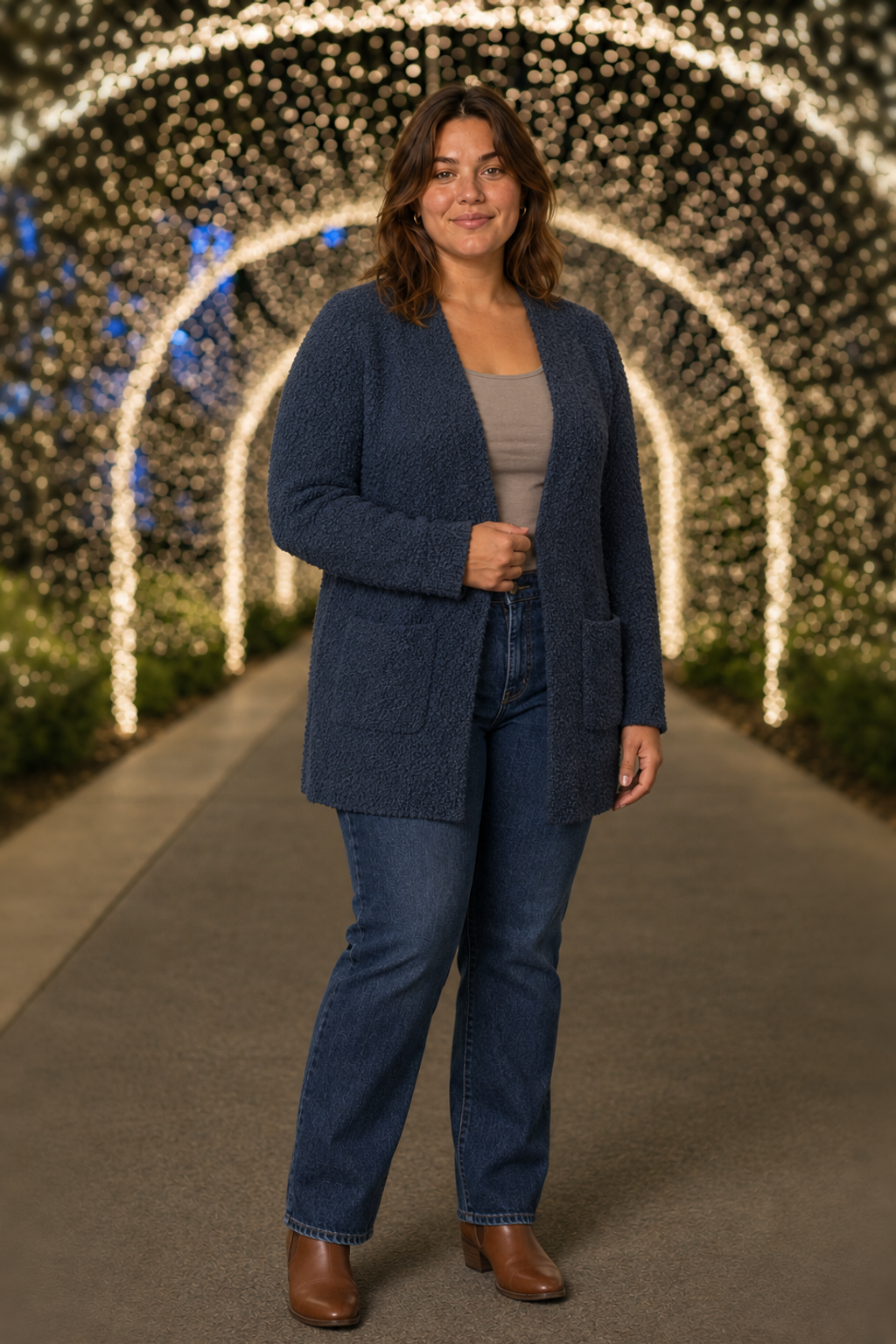TW-1938AB Navy Popcorn Knit Open Front Cardigan Plus — front