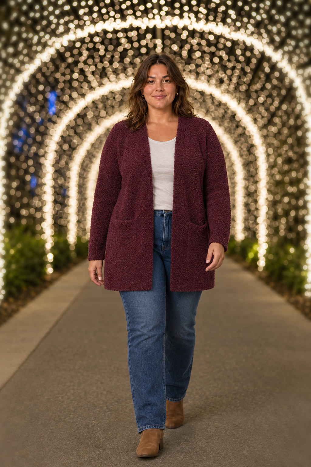 TW-1938AB Burgundy Open Front Pocket Cardigan Plus — front
