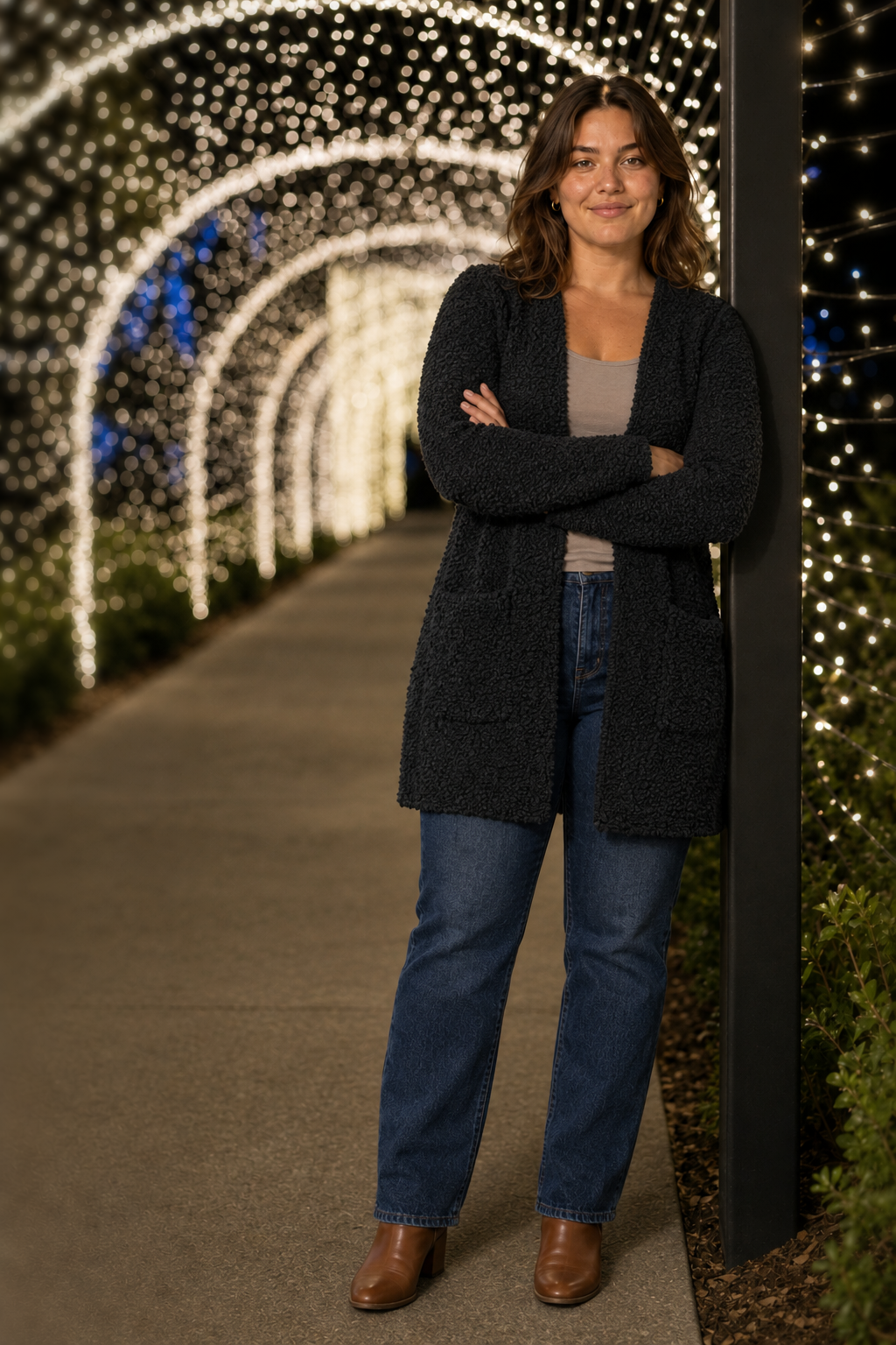 TW-1938AB Black Popcorn Knit Open Front Cardigan Plus — front