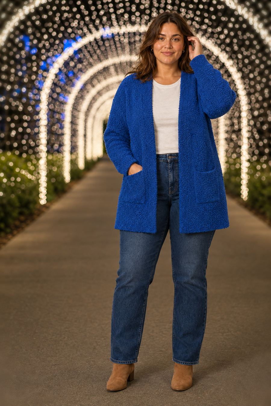 TW-1938AB Blue Knit Open Front Cardigan Plus — front