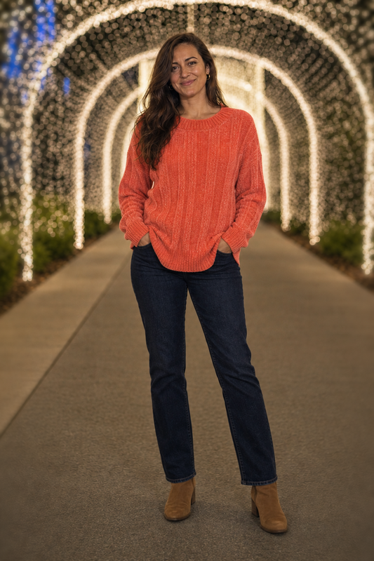 1950 Coral Chenille Crewneck Sweater - front view