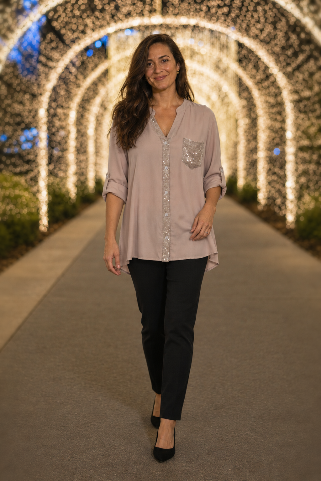 0225 Light Mocha Sequin Trimmed Top with Sequin Pocket — front