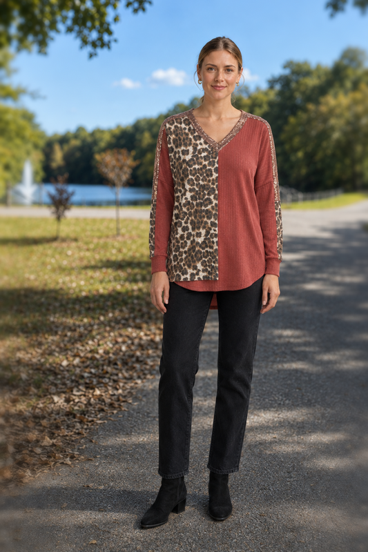 2902 Rust Leopard Shimmer V-Neck Top — front