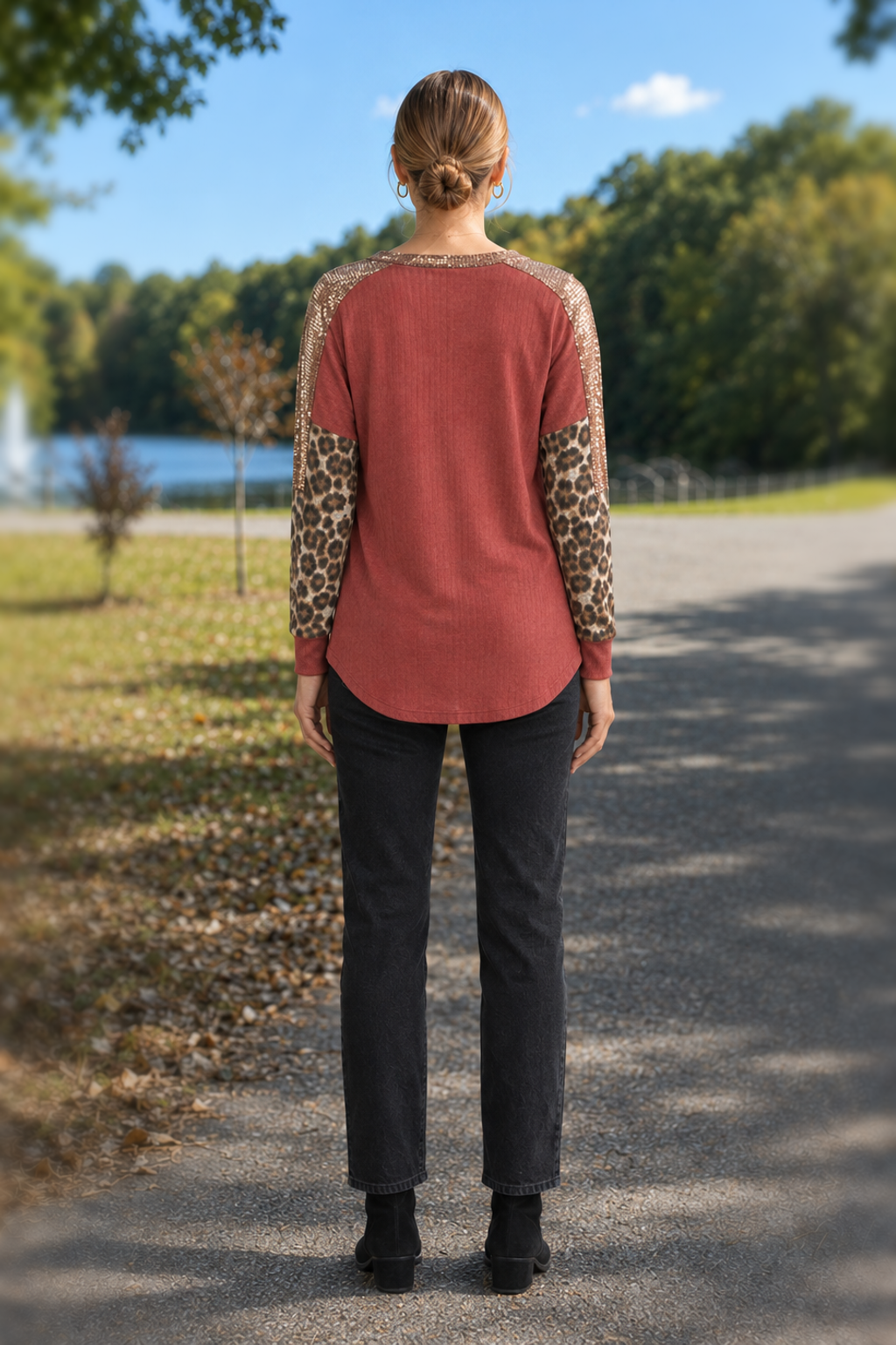 2902 Rust Leopard Shimmer V-Neck Top — back