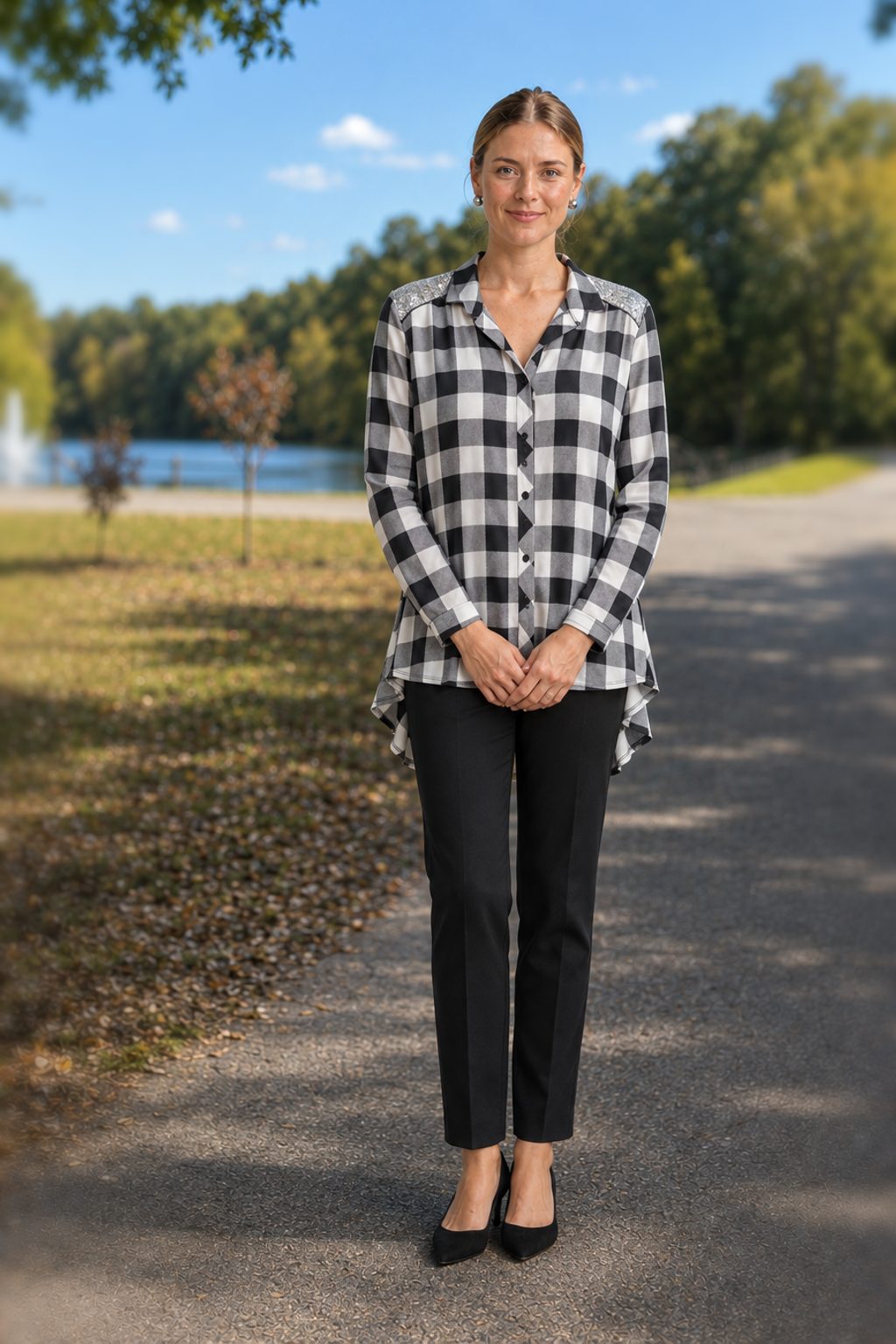 5455 Black White Gingham Sequin Ruffle Shirt