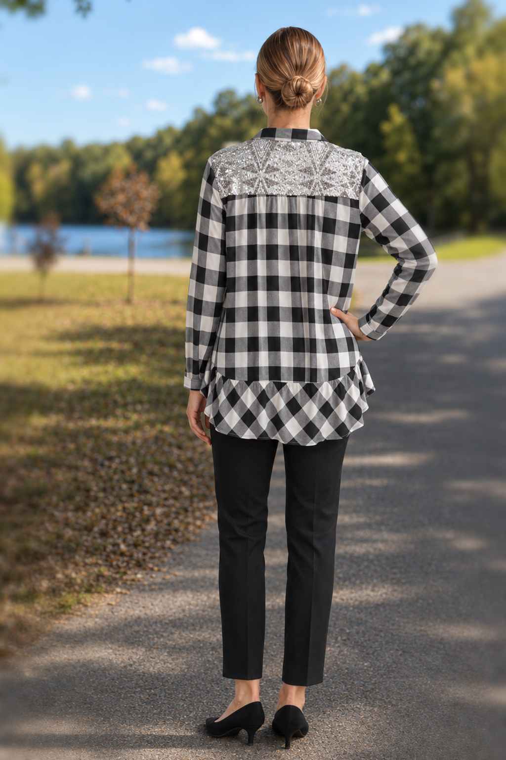 5455 Black White Gingham Sequin Ruffle Shirt - back