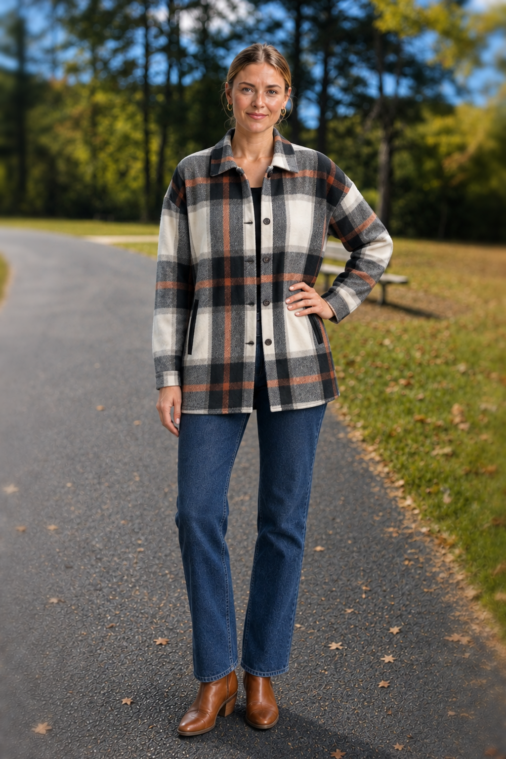 4015 Black White Rust Plaid Flannel Shacket - front