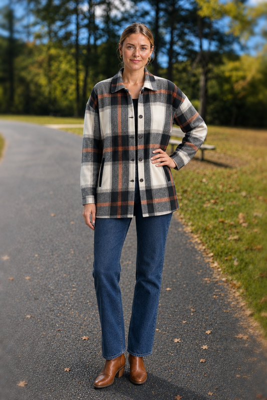 4015 Black White Rust Plaid Flannel Shacket - front